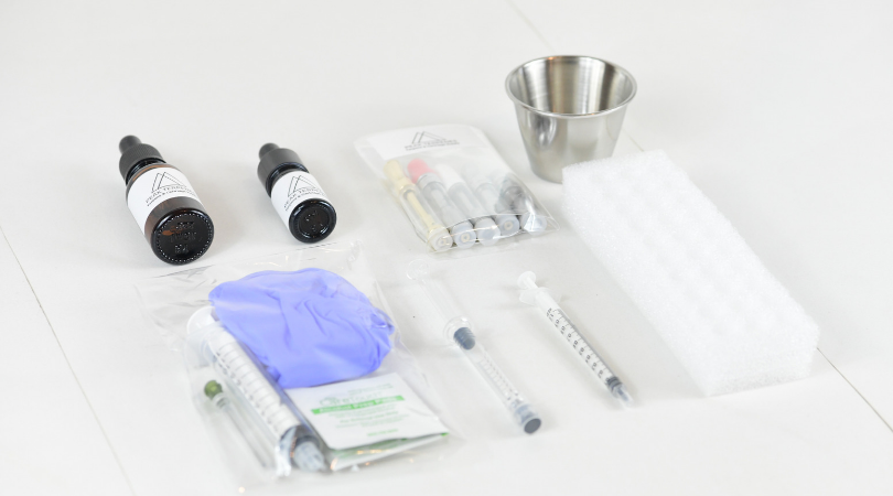 Cartridge filling supplies displayed terpenes, syringes, ramaken, viscosity booster, gloves and alcohol