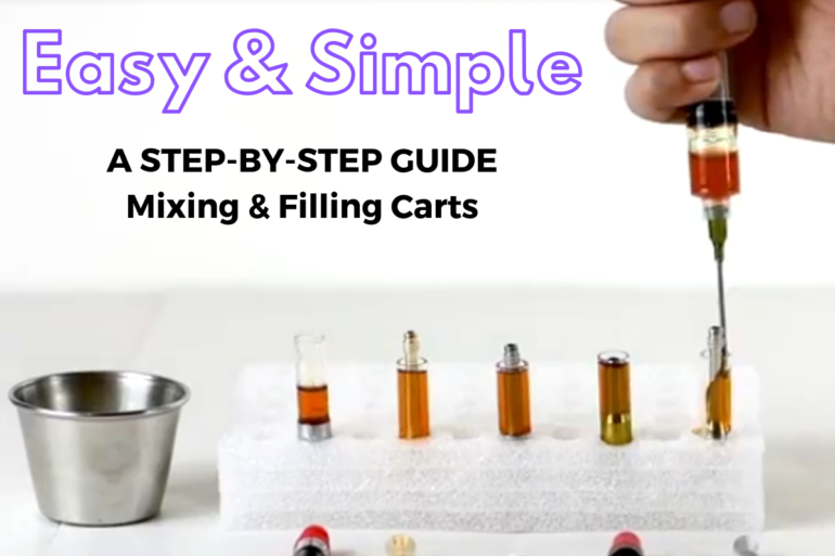 A STEP-BY-STEP GUIDE Mixing Terpenes Adding Viscosity Booster filling cartridges on white table