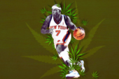Albert Harrington playing basketball with edited cannabis logo background