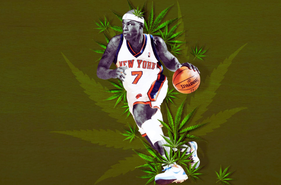 Albert Harrington playing basketball with edited cannabis logo background